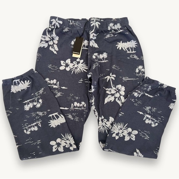 MONROW sweatpants palm tree hawaïen print teal elastic waist - Picture 4 of 5